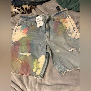 Men's Light Blue Distressed Tie-Dye Jean Shorts